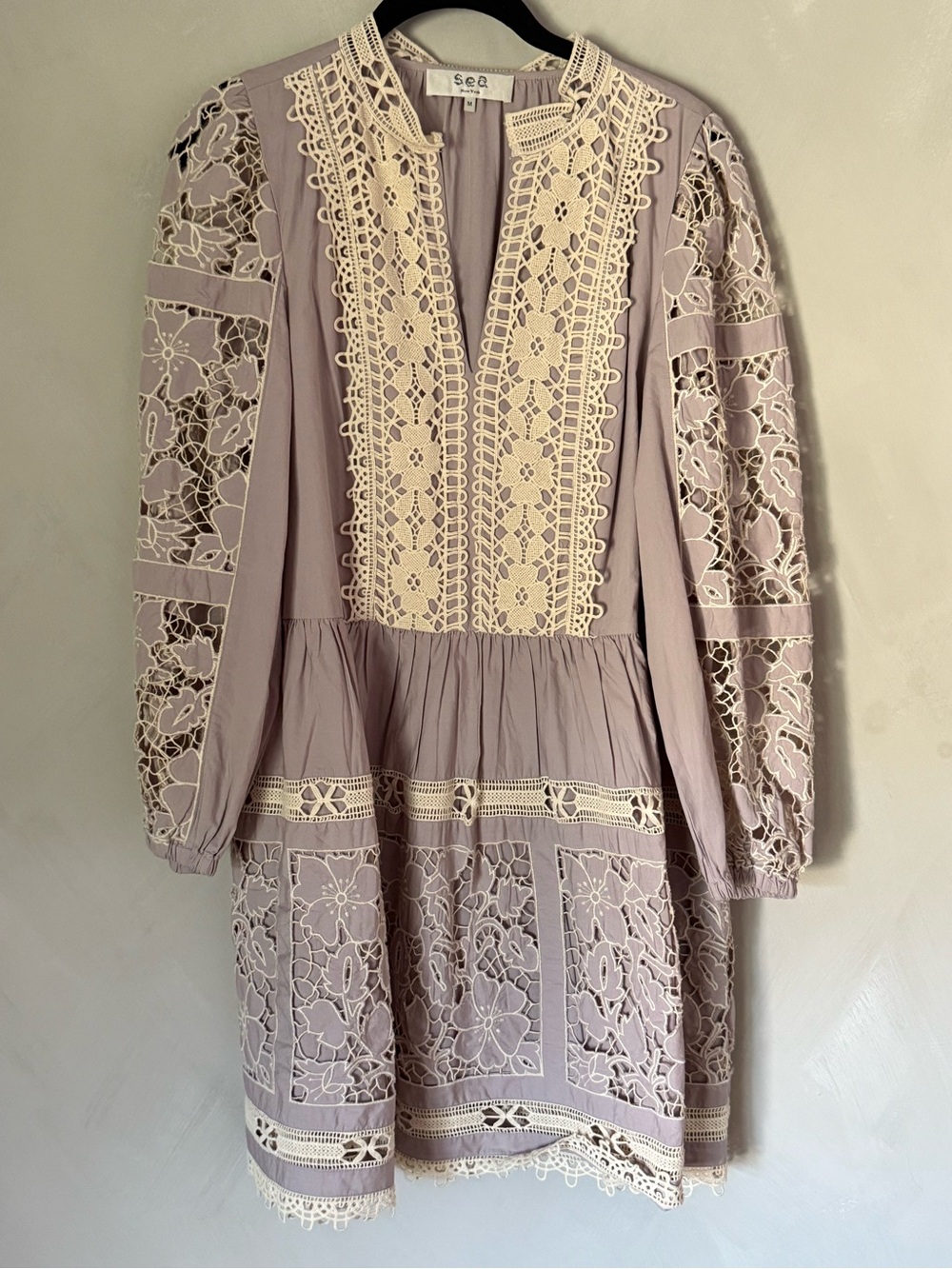 Sea Long Sleeve Lavender Dress with Cream Crochet
